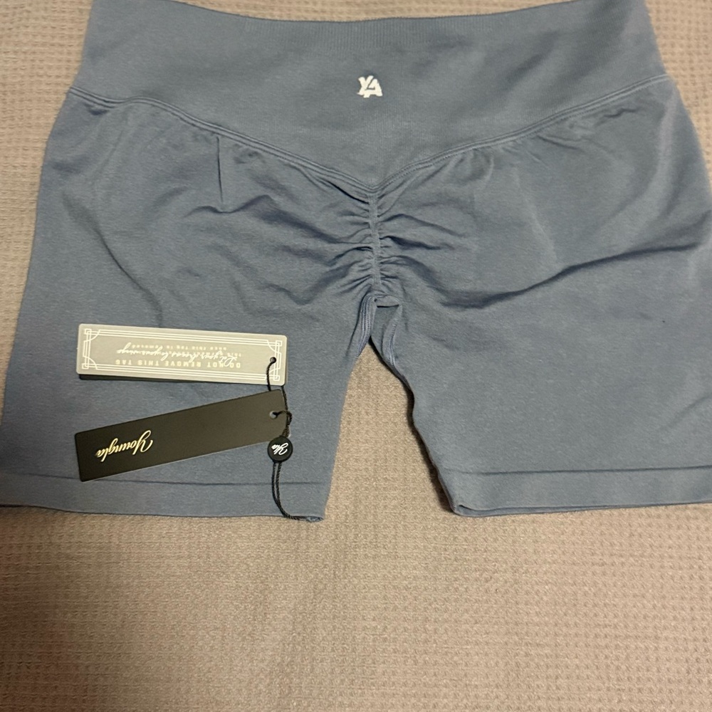 YoungLA Blue Bike Shorts with Wide Waistband and Ruching